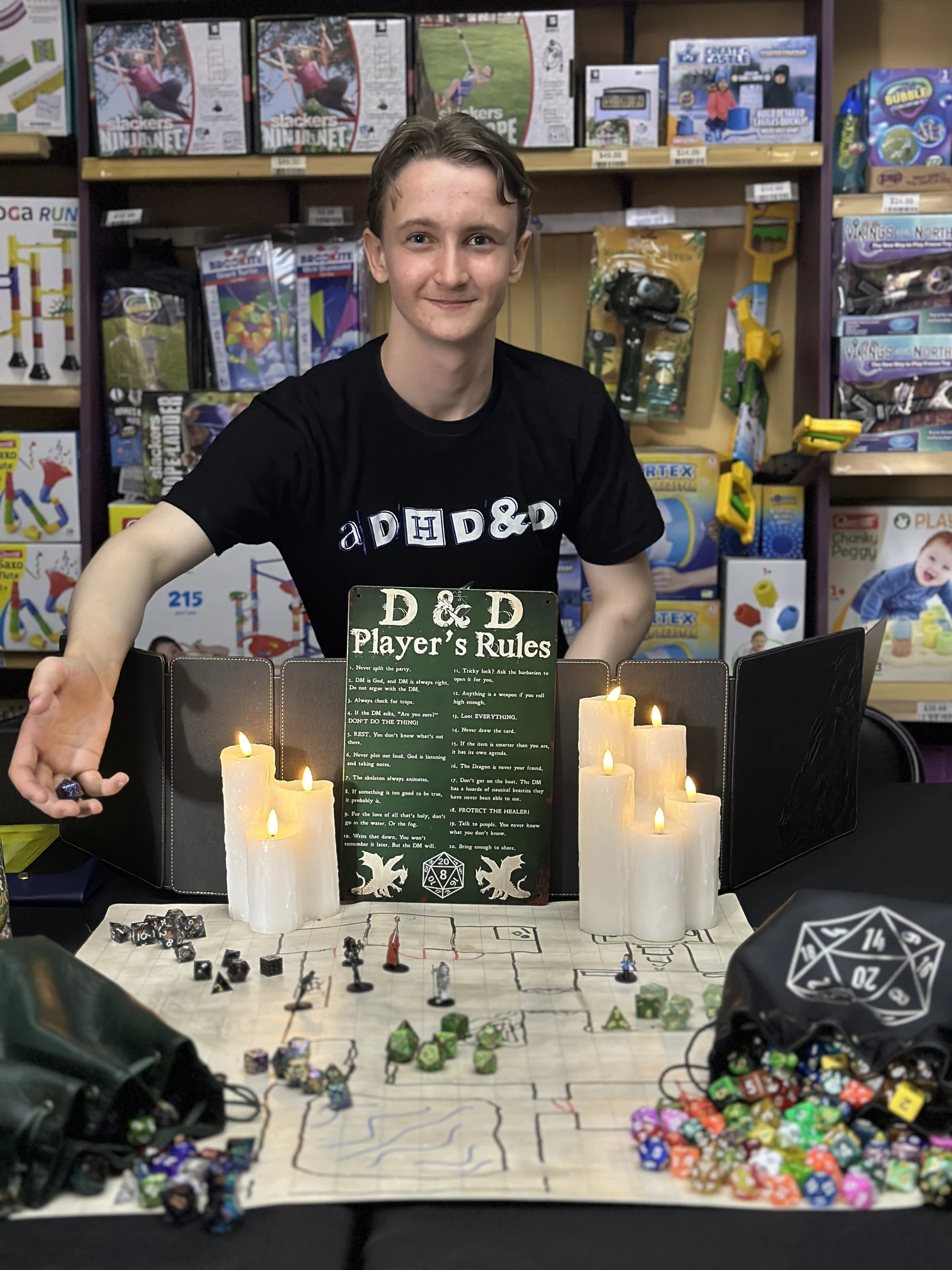 Zaden Zeus at a prepared D&D table at Professor Plums